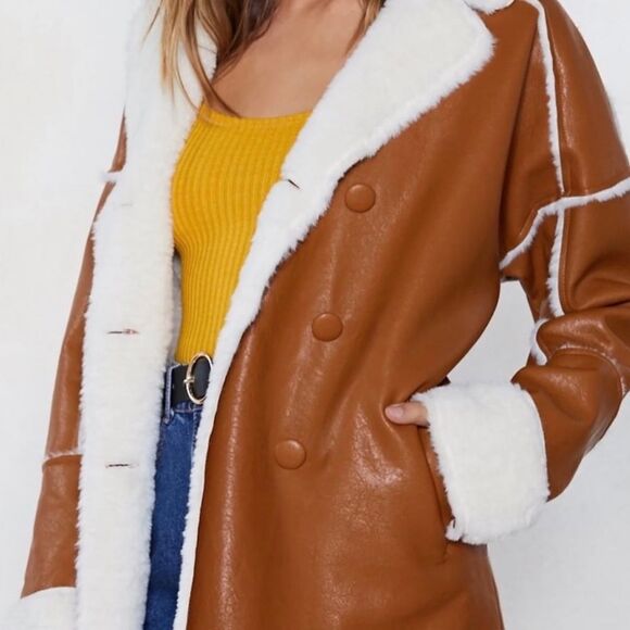 Vintage Style Camel Faux Leather and Shearling Warm Button Front Coat Size S / M - Picture 5 of 7